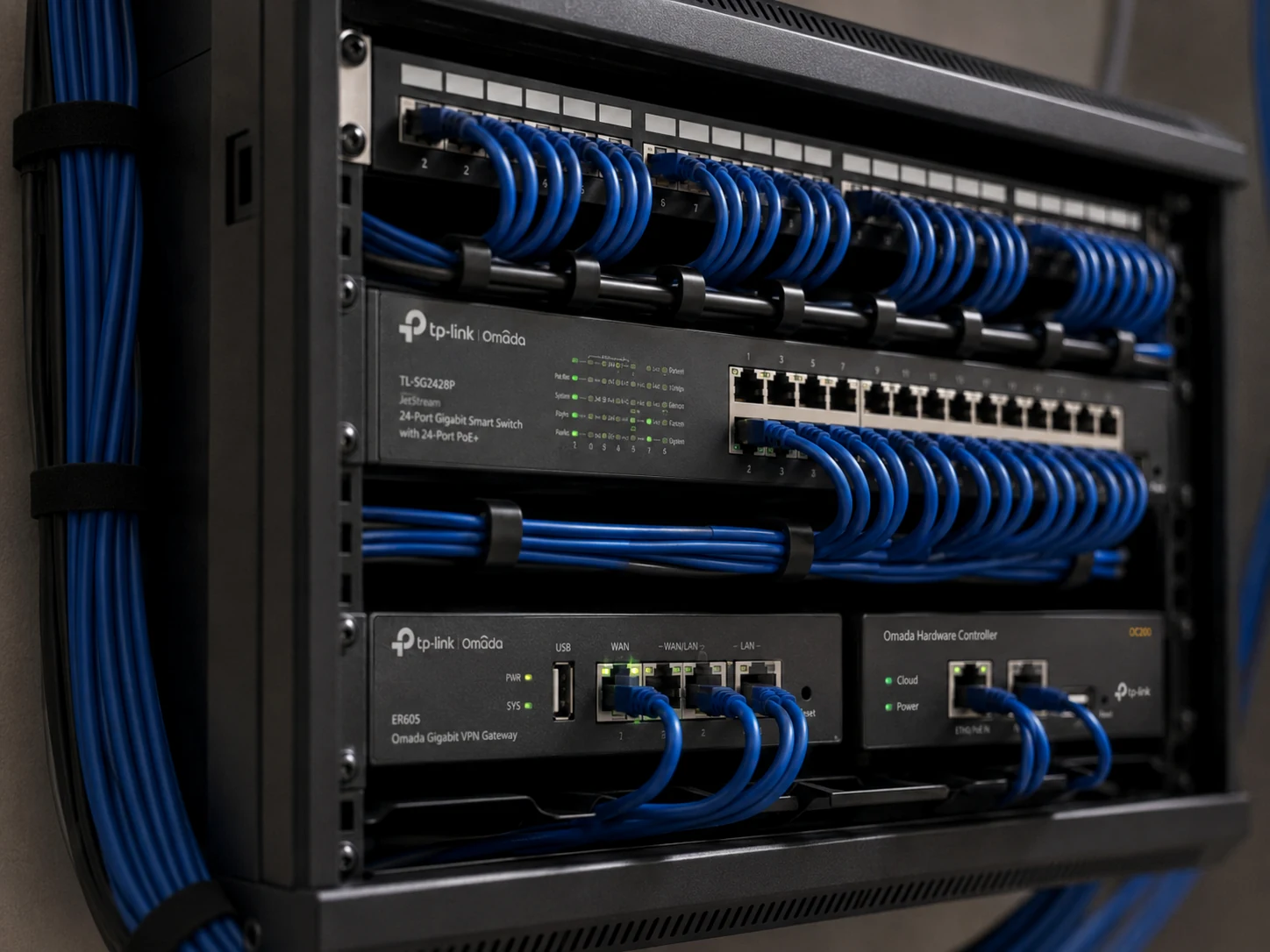 Organized business network rack with TP-Link Omada switch, gateway, controller, patch panel, and neatly routed Ethernet cabling